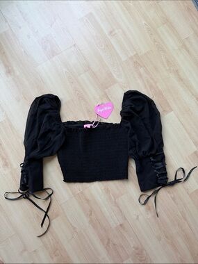 Sugar Thrillz Flirty Playdate Shirred Black Puff-Sleeve Lace-Up Smocked Crop Top